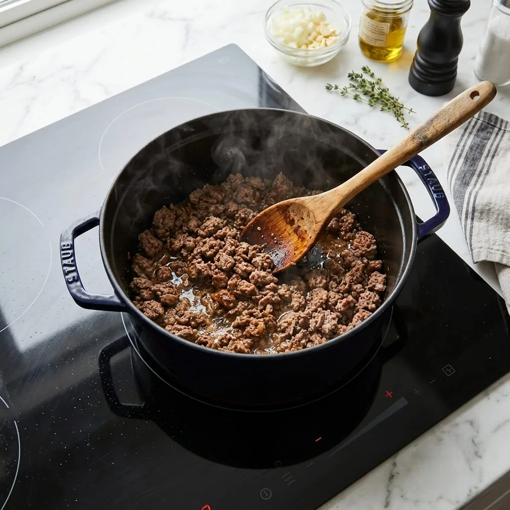 Browning ground beef in Dutch oven soup pot