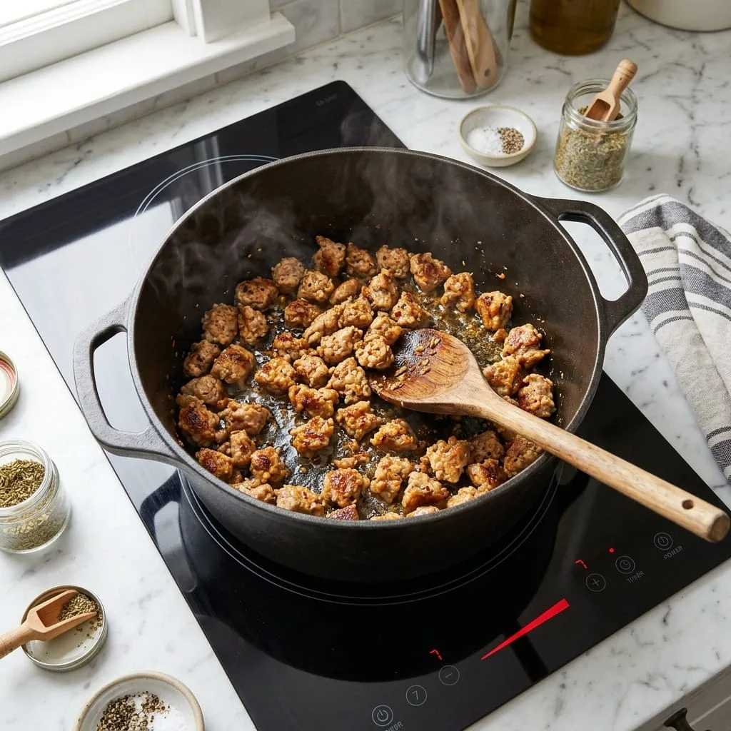Browning Italian sausage in Dutch oven