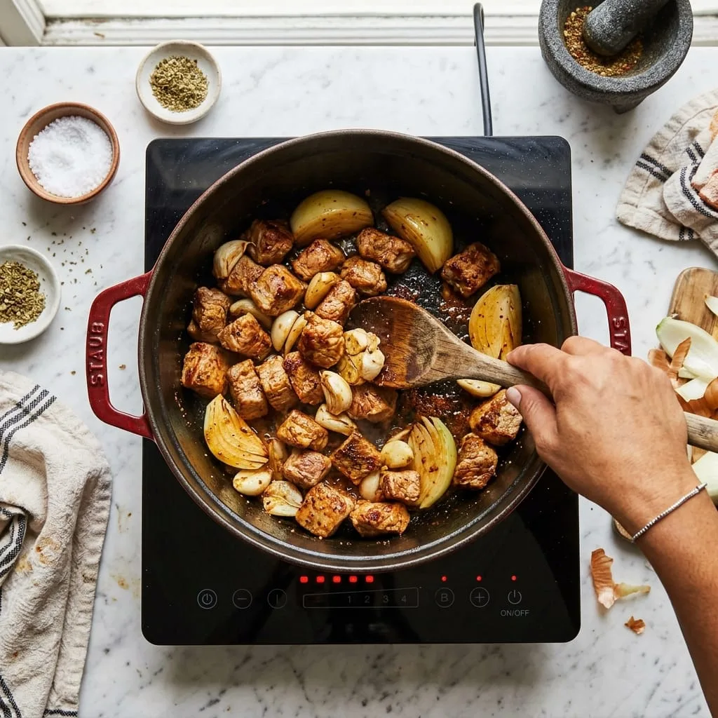 Browning seasoned pork shoulder chunks with onion and garlic in Dutch oven