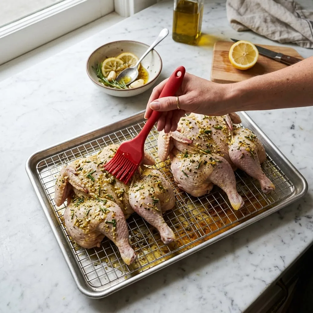 Brushing garlic lemon herb olive oil marinade over Cornish hens