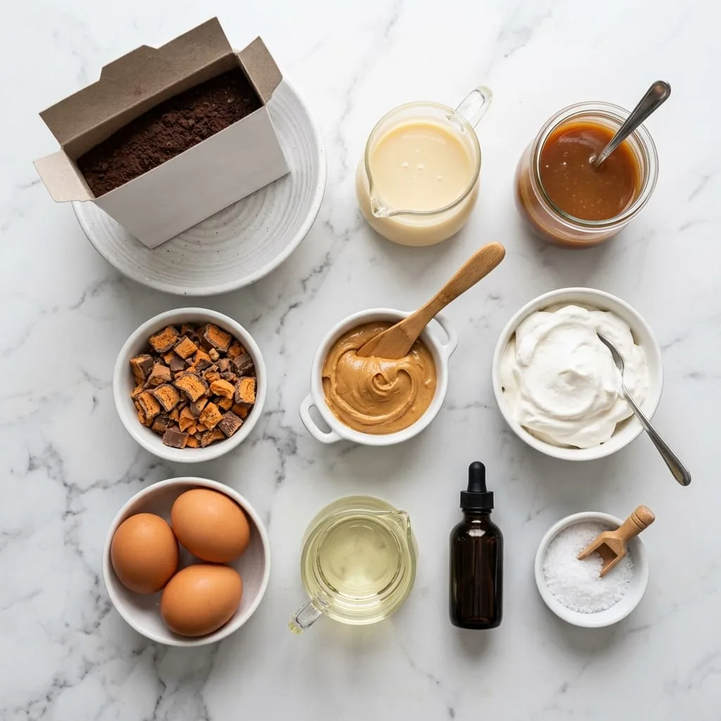 Butterfinger cake ingredients laid out on white marble countertop