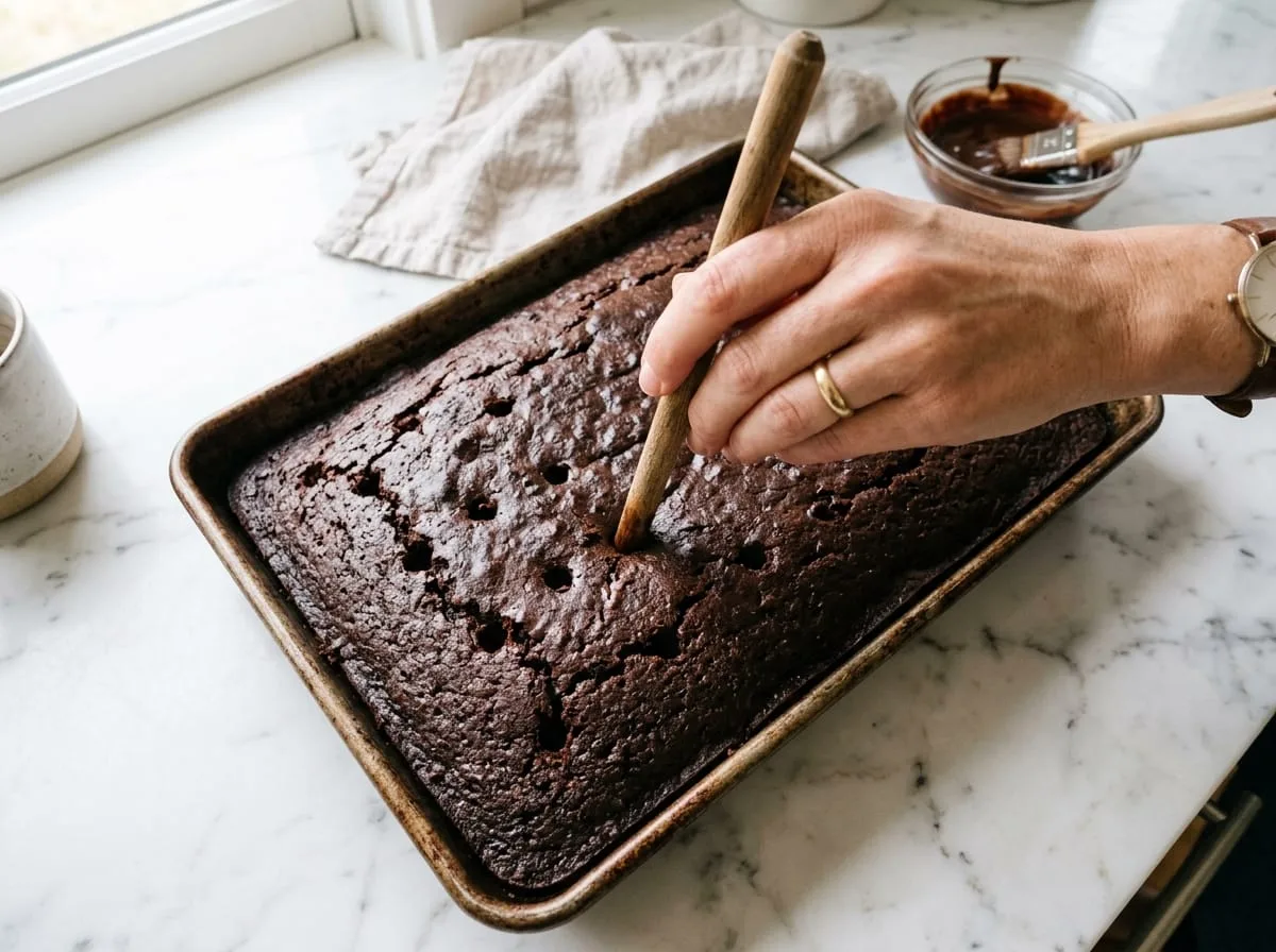 Poking holes in warm freshly baked chocolate cake with wooden spoon handle