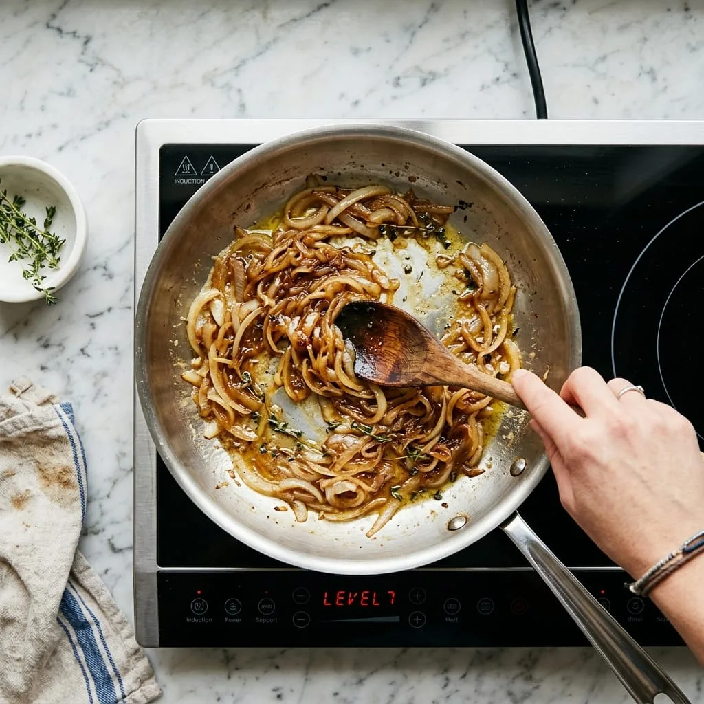 Caramelizing sliced onions in skillet with butter and thyme