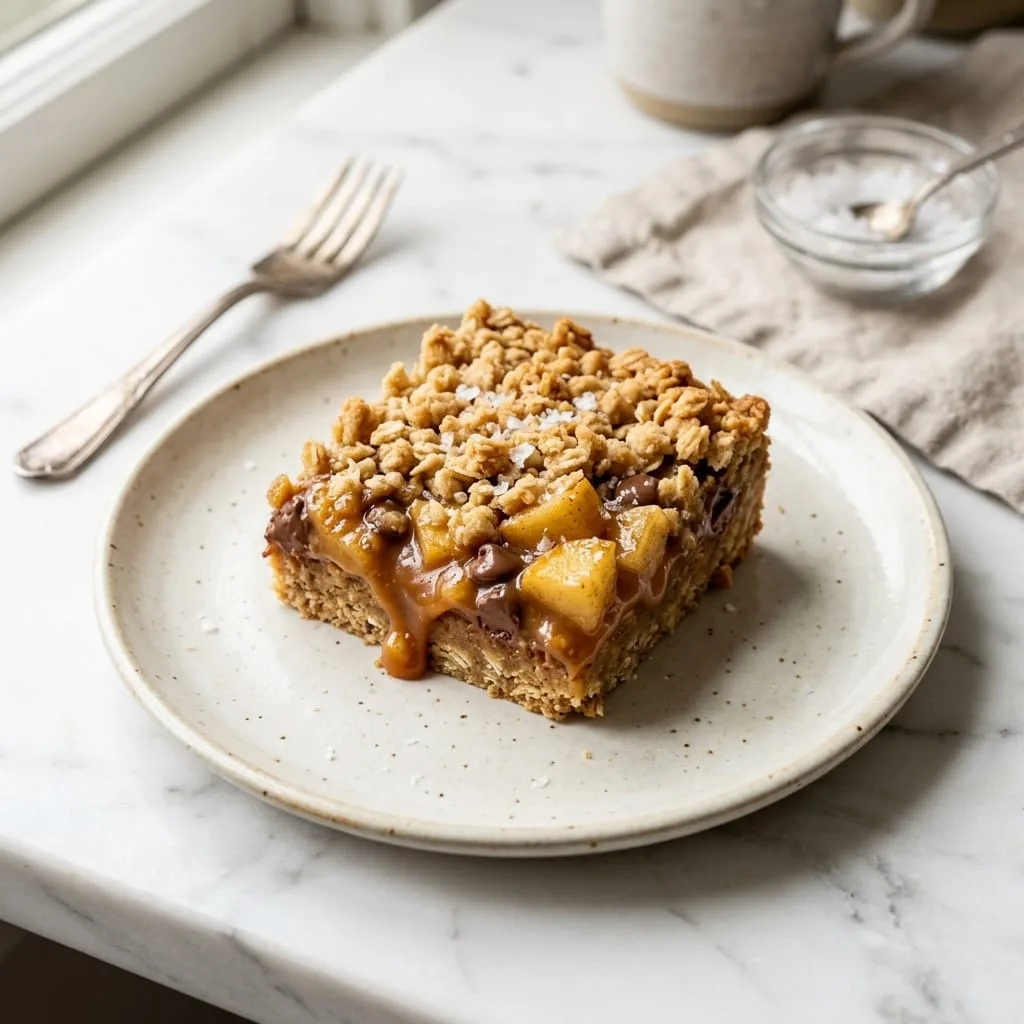 Slice of chewy Caramel Apple Carmelita bar with molten caramel and flaky sea salt