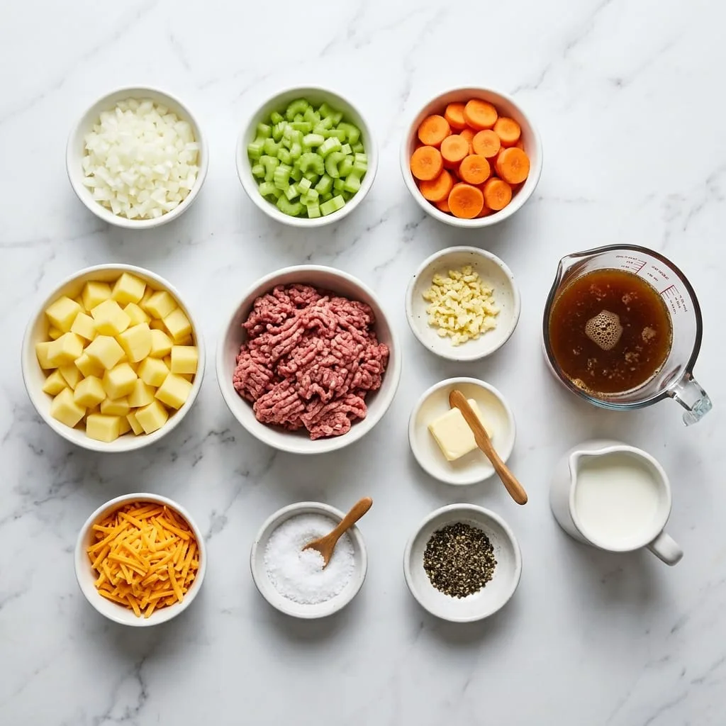 Cheeseburger soup ingredients laid out on white marble countertop