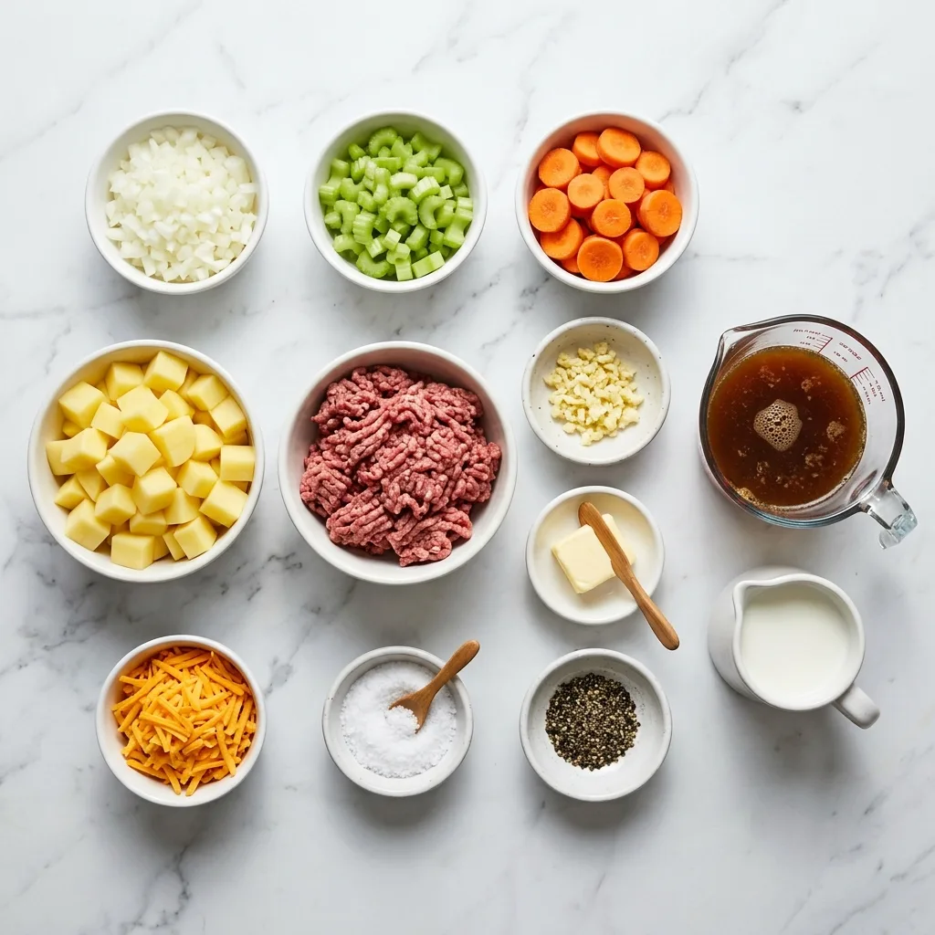 Cheeseburger soup ingredients laid out on white marble countertop