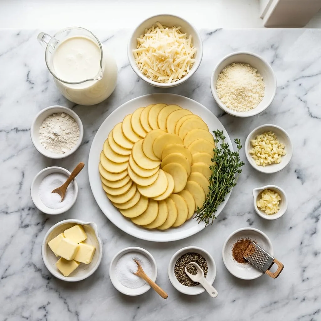 Scalloped potatoes ingredients laid out on white marble countertop