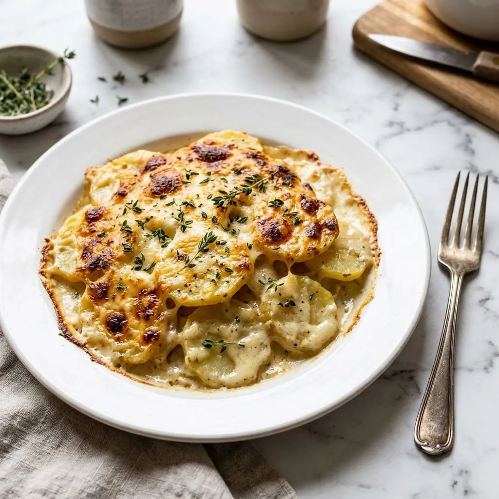 Plated serving of Cheesy Garlic Scalloped Potatoes with golden bubbly cheese crust