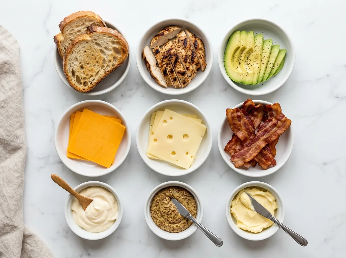 Chicken Avocado Melt Sandwich ingredients laid out on white marble counter