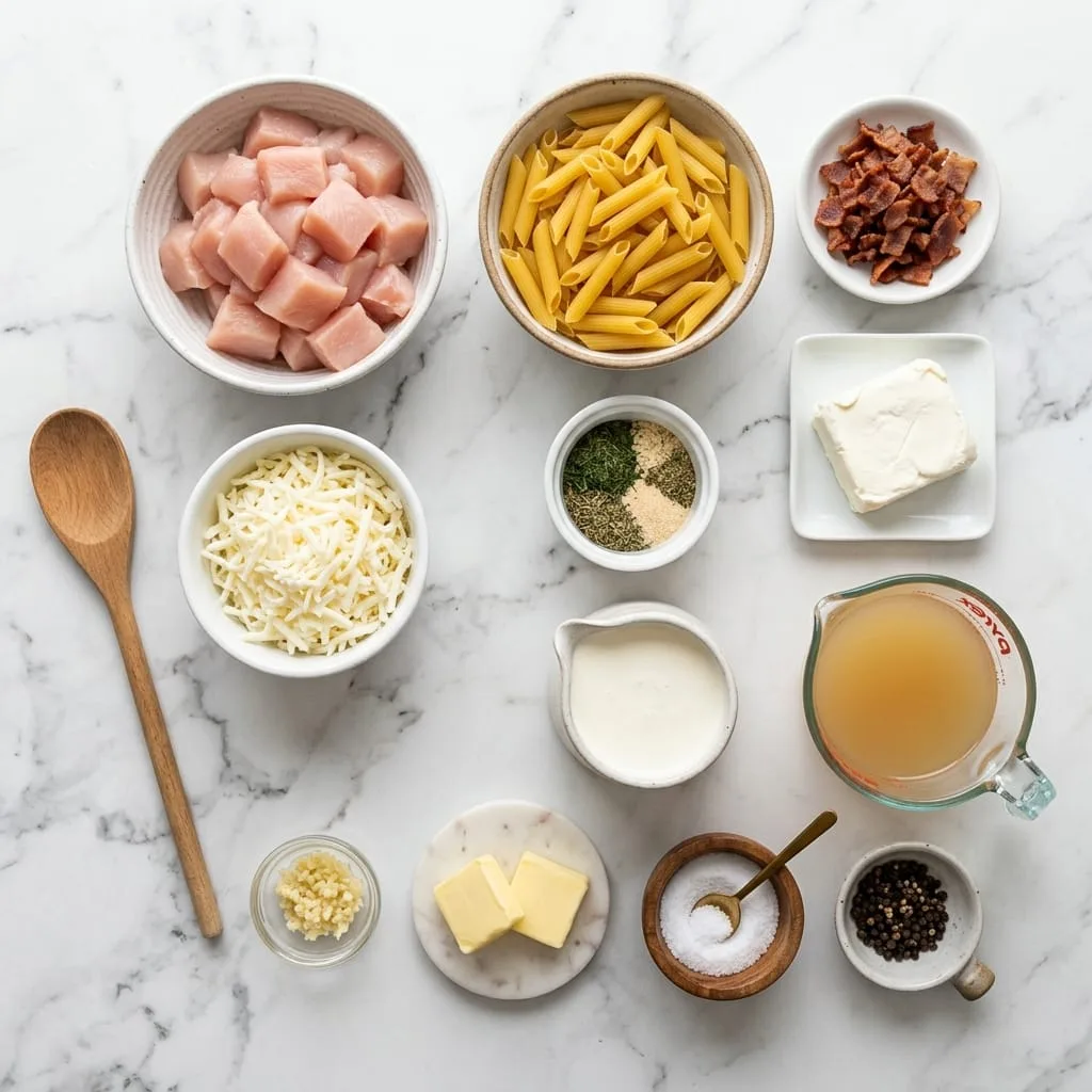 Chicken bacon ranch pasta bake ingredients laid out on white marble countertop