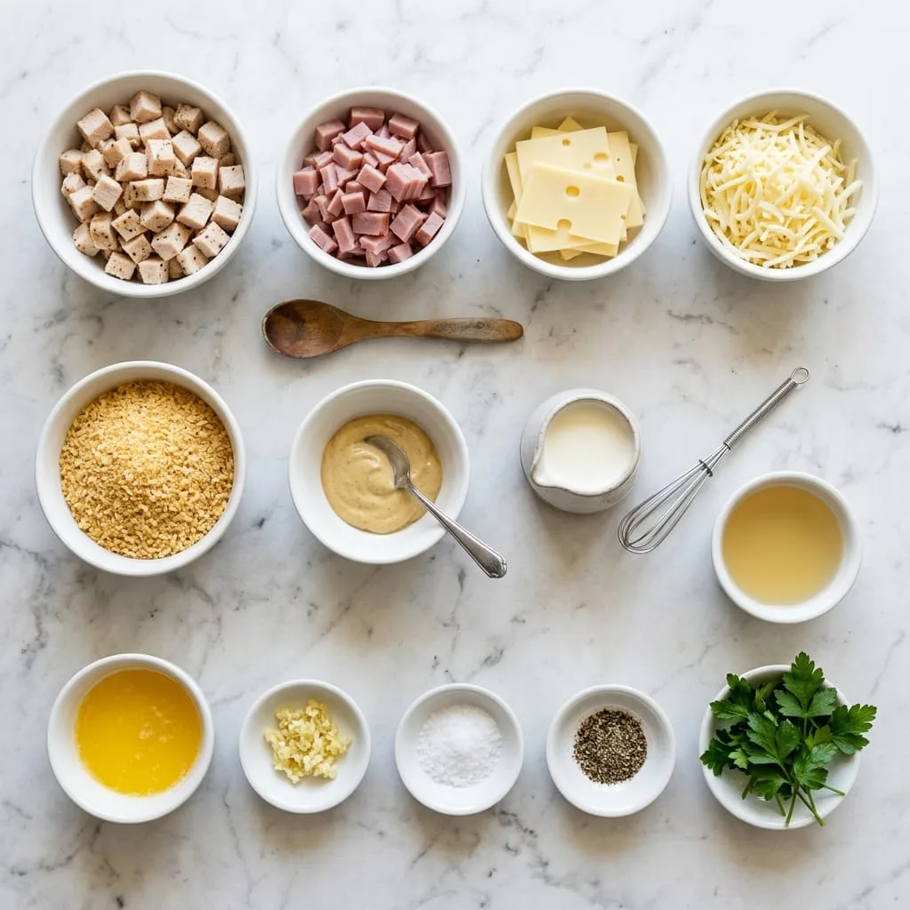 Chicken cordon bleu casserole ingredients laid out on white marble countertop