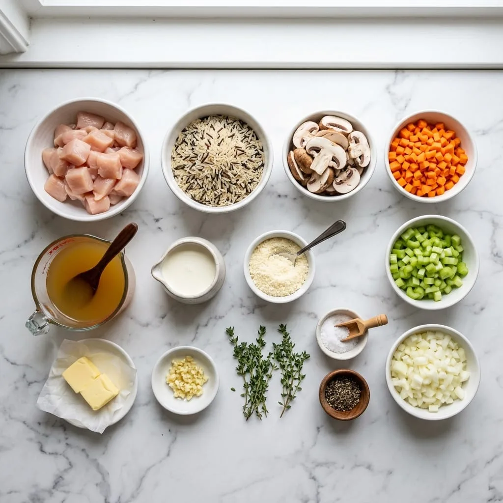 Chicken wild rice casserole ingredients laid out on white marble countertop