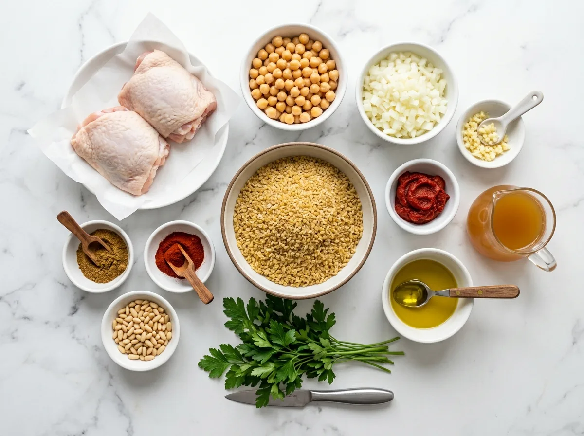 Chicken with Bulgur: A Comfort Dish ingredients laid out on white marble counter