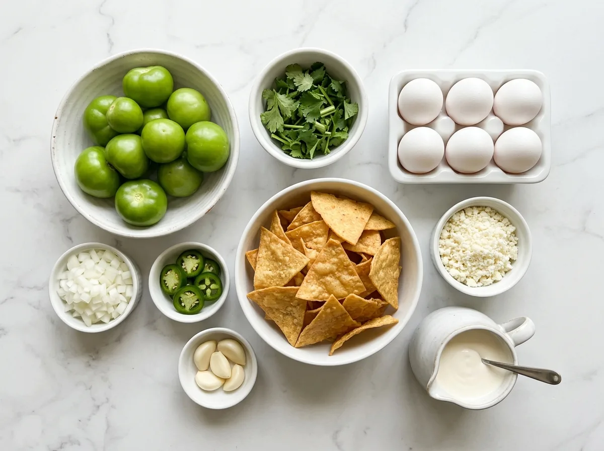 Chilaquiles Verdes ingredients top-down flat-lay on white marble