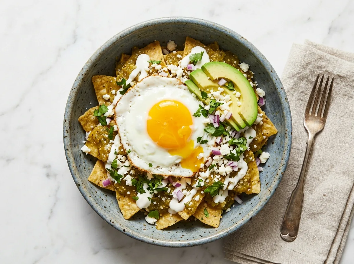 Plated Chilaquiles Verdes with sunny-side up egg, crema, avocado, and cotija