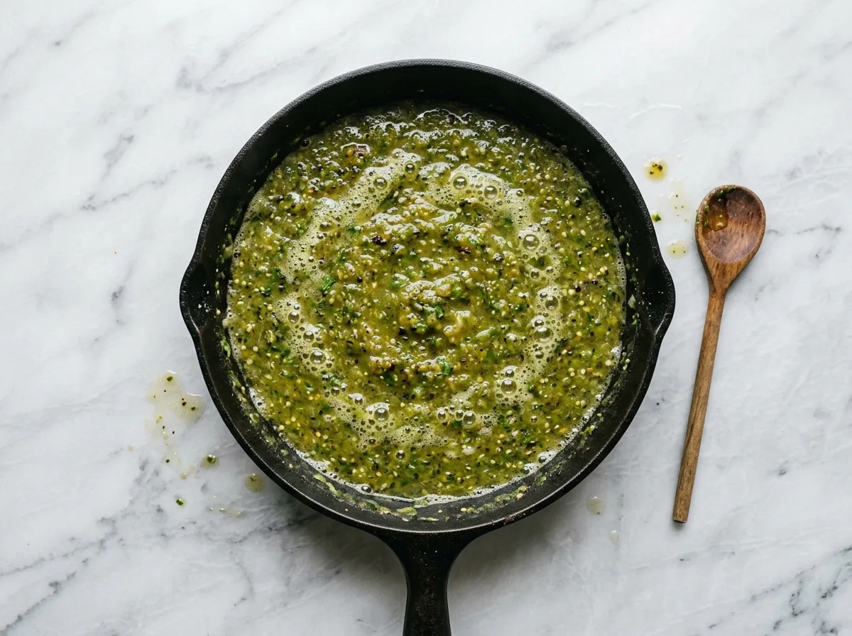 Simmering green salsa verde in cast iron skillet on white marble