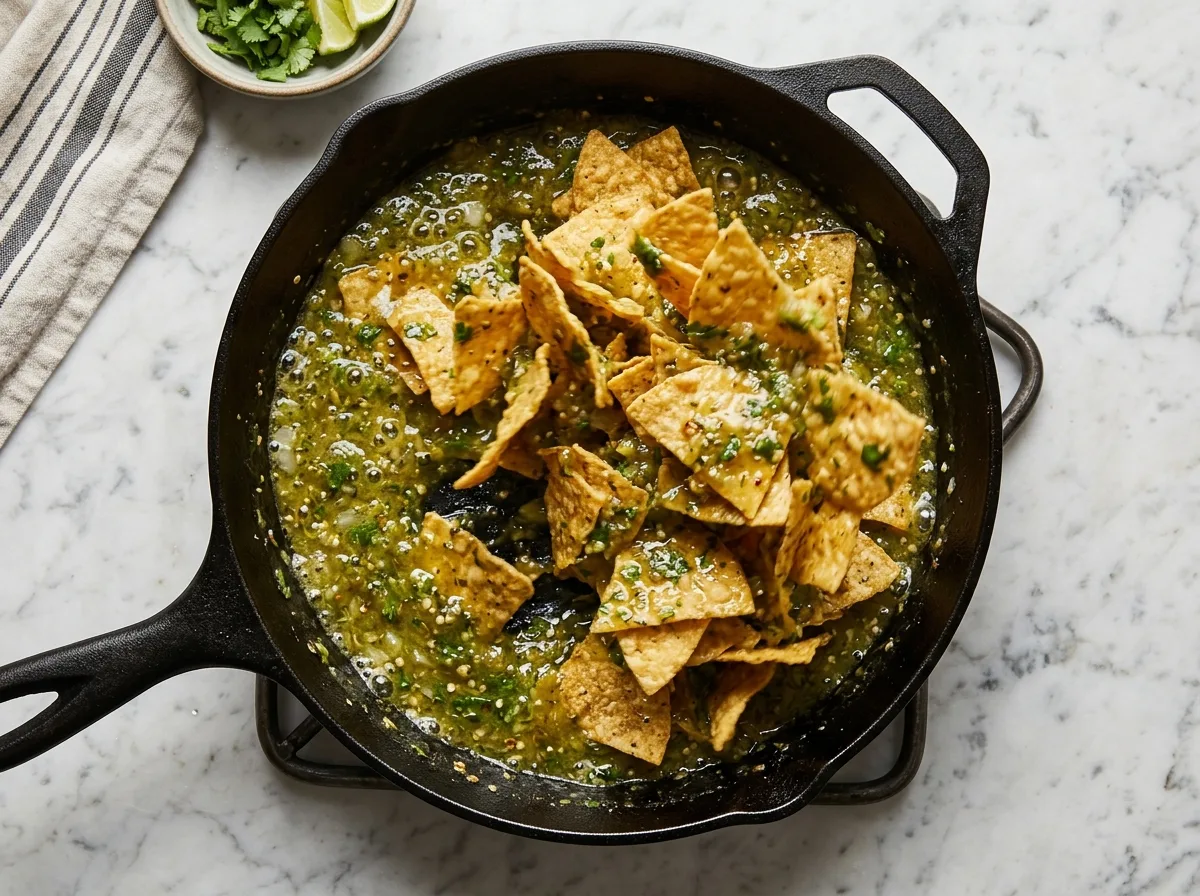 Tossing crispy corn tortilla chips in green salsa verde in cast iron skillet