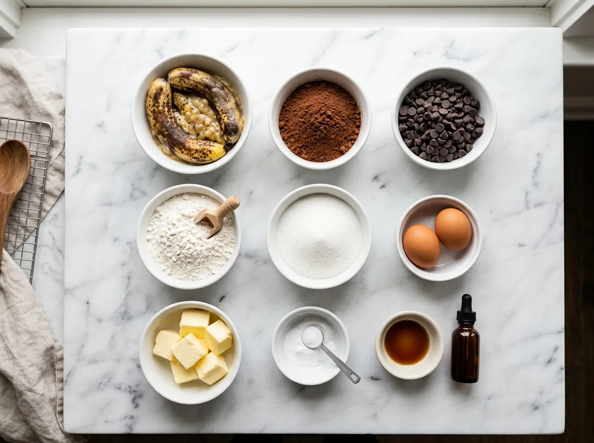 Chocolate Banana Muffins ingredients laid out on white marble counter