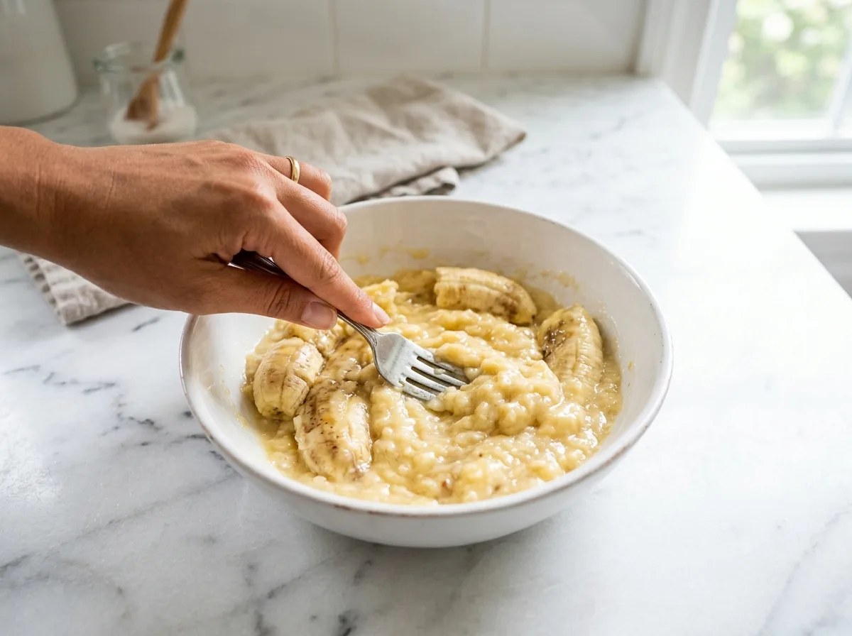 Mashing ripe bananas for chocolate muffins