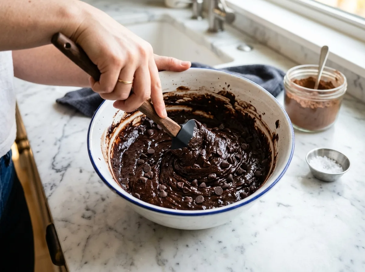 Mixing dark chocolate banana muffin batter