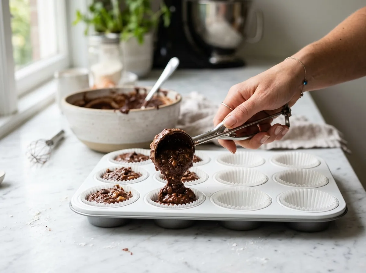 Filling muffin tin with chocolate banana batter