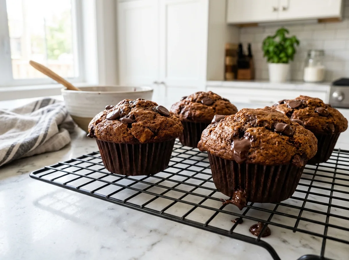Freshly baked chocolate banana muffins cooling
