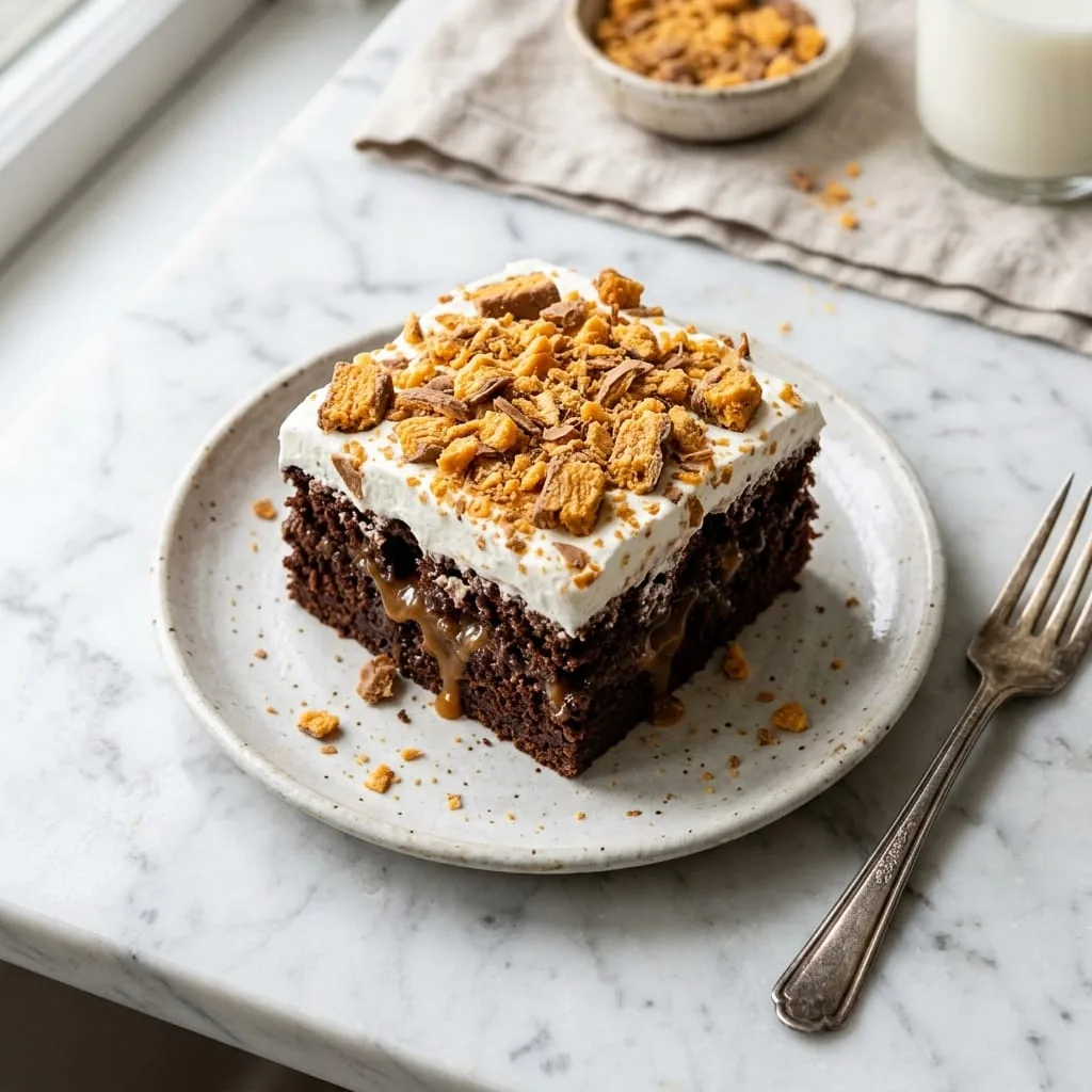 Decadent slice of chocolate Butterfinger cake with caramel soak and crushed candy