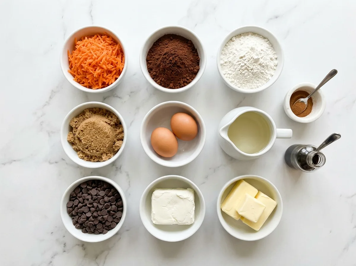 Chocolate Carrot Cake ingredients laid out on white marble counter