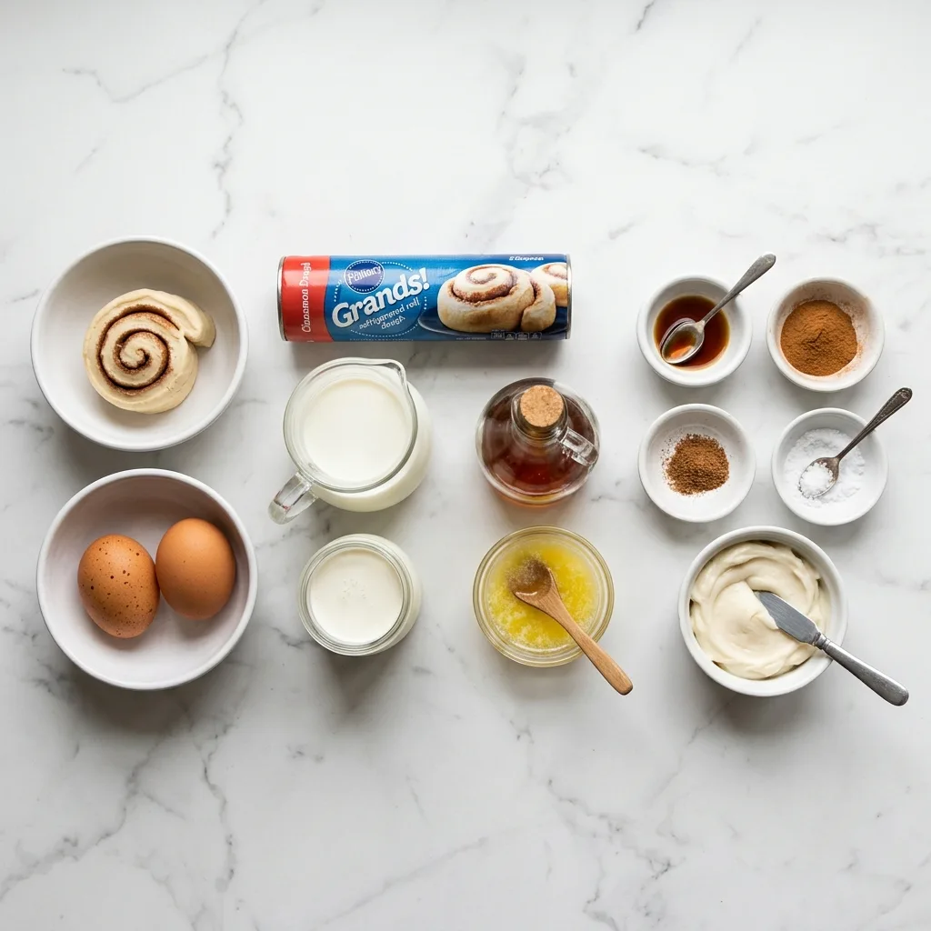 Cinnamon roll French toast casserole ingredients laid out on white marble countertop