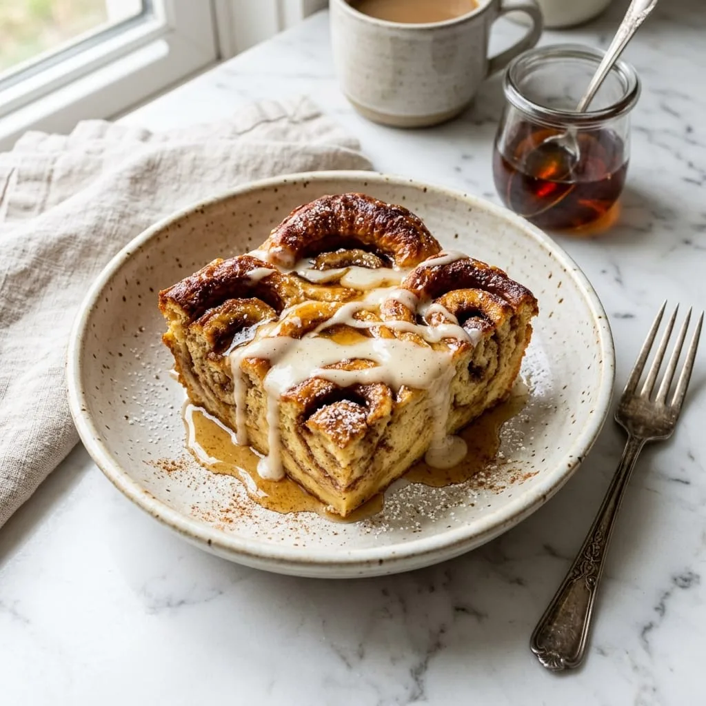 Cinnamon roll French toast casserole slice