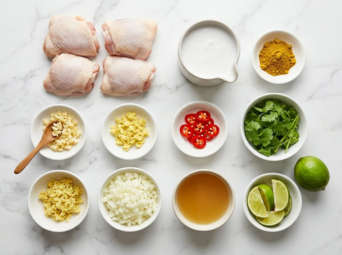 Coconut Milk Chicken ingredients laid out on white marble counter