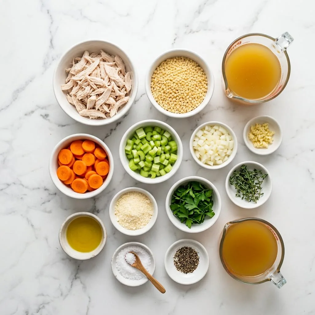 Chicken pastina soup ingredients laid out on white marble countertop