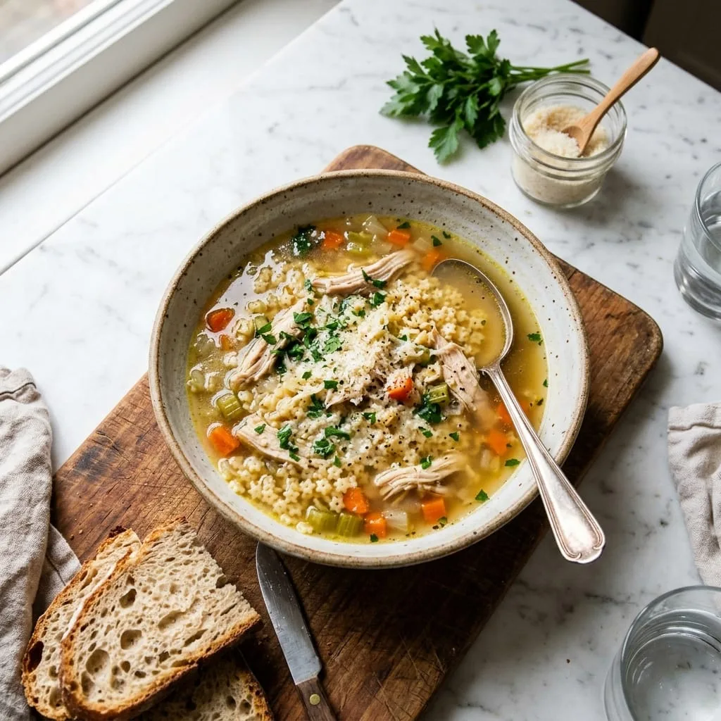 Comforting Chicken Pastina Soup served in bowl with crusty sourdough bread