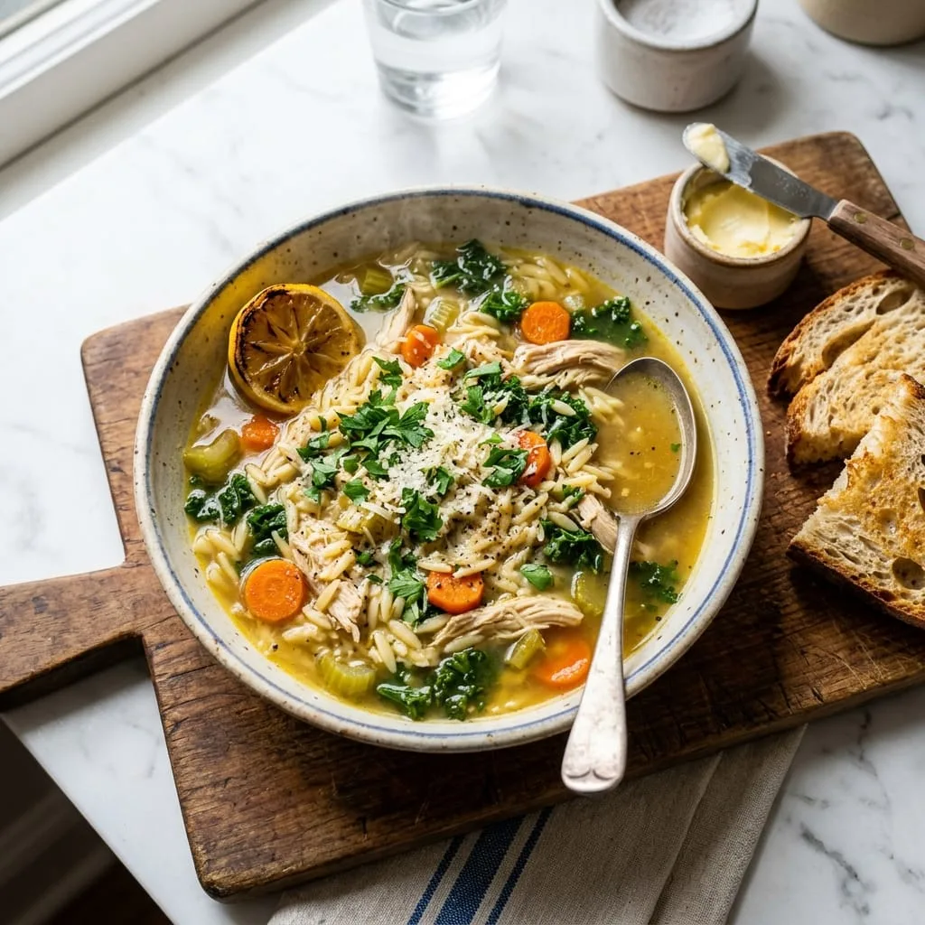 Comforting Whole Chicken Orzo Soup served in ceramic bowl with lemon and sourdough