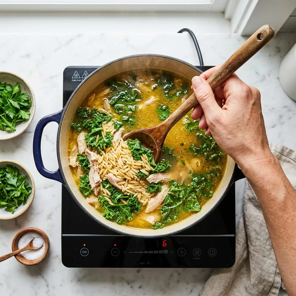 Stirring orzo pasta and chopped kale into simmering golden chicken broth