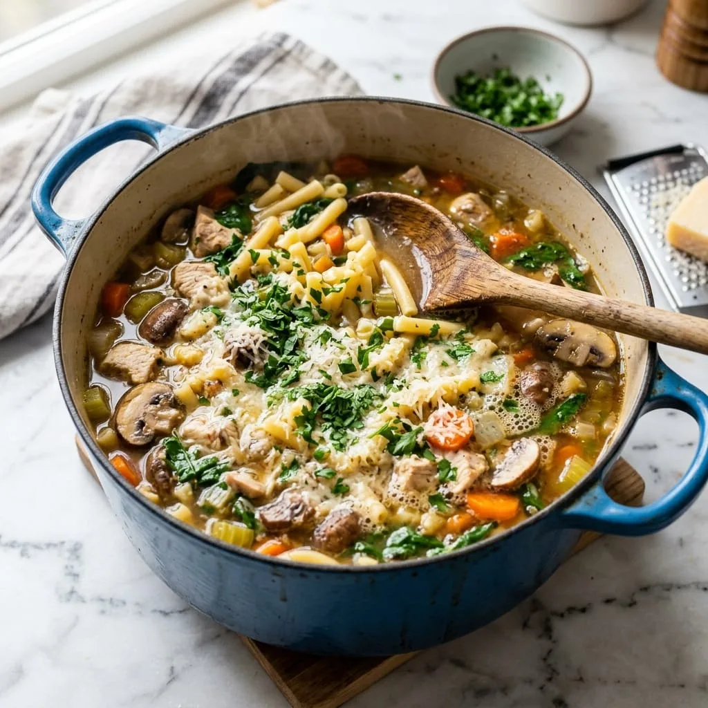 Cooking pasta in soup and stirring in lemon juice and parmesan