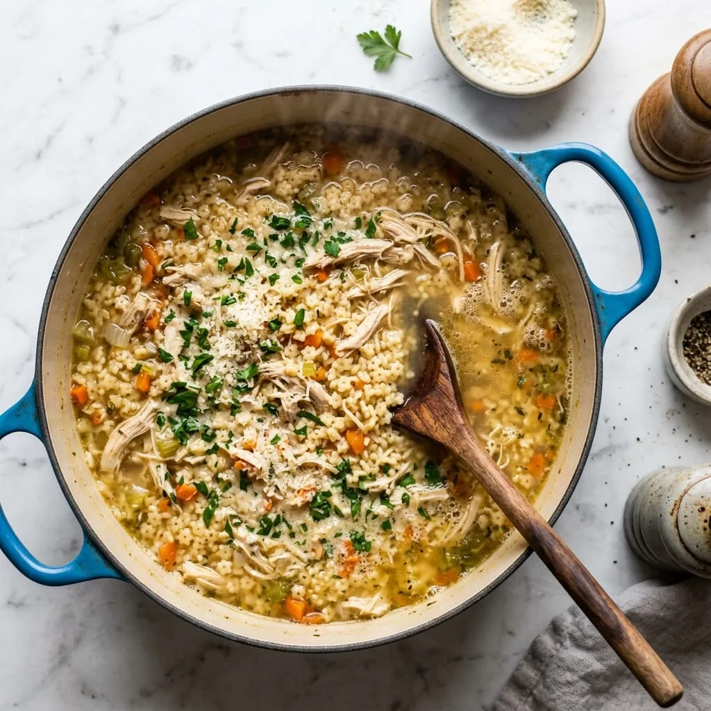Cooking tiny pastina pasta in soup and adding grated parmesan