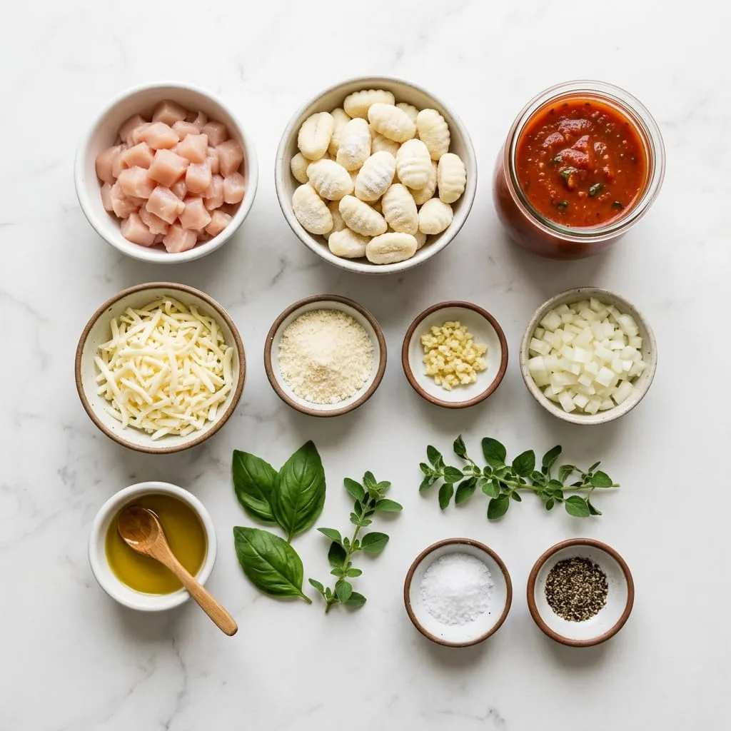 Chicken gnocchi bake ingredients laid out on white marble countertop