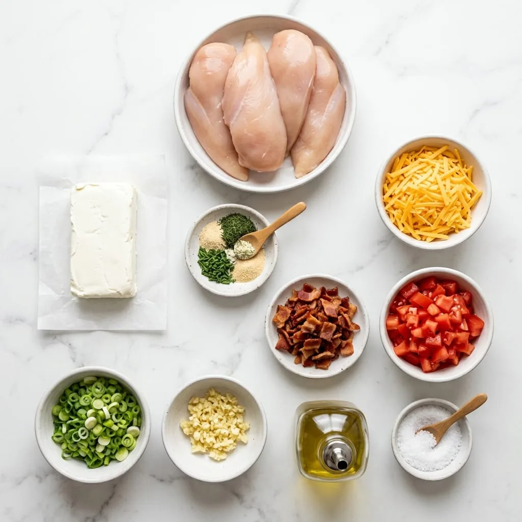 Baked crack chicken ingredients laid out on white marble countertop