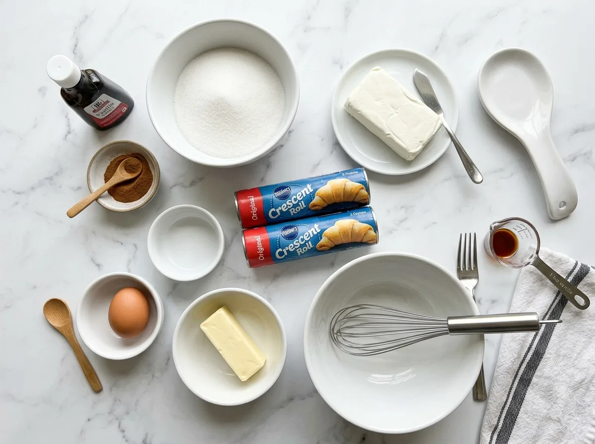 Cream Cheese Stuffed Crescent Rolls ingredients laid out on white marble counter