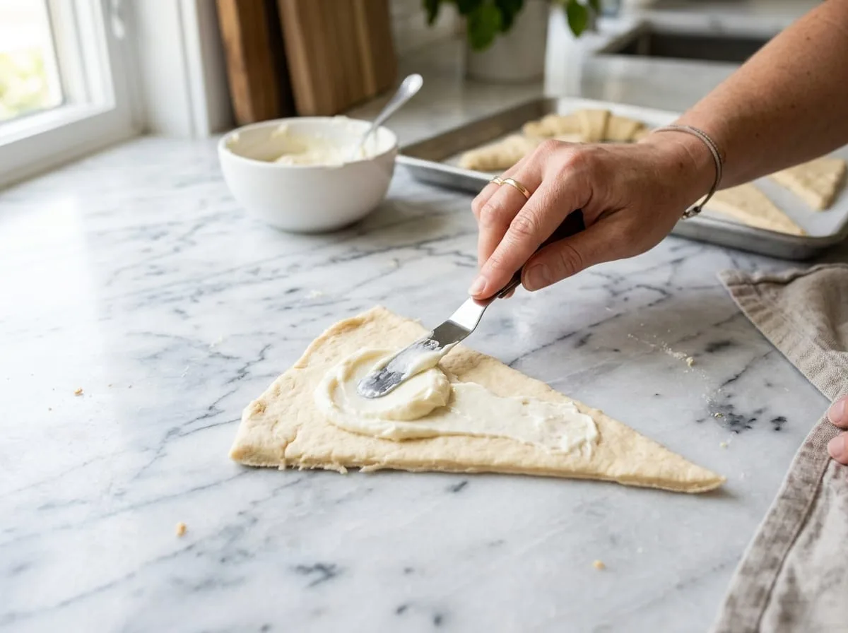 Spreading cream cheese filling on crescent dough