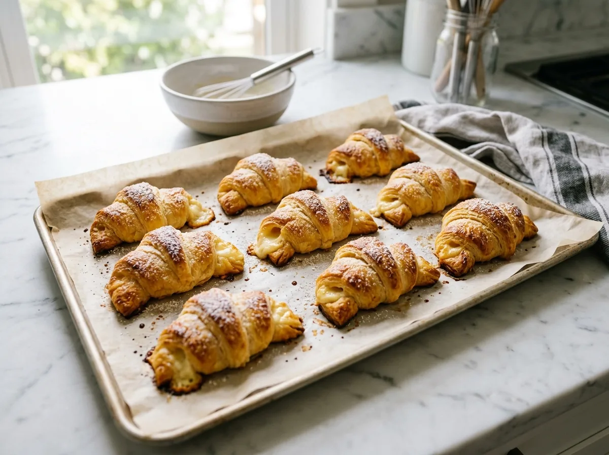 Golden baked cream cheese crescent rolls on sheet