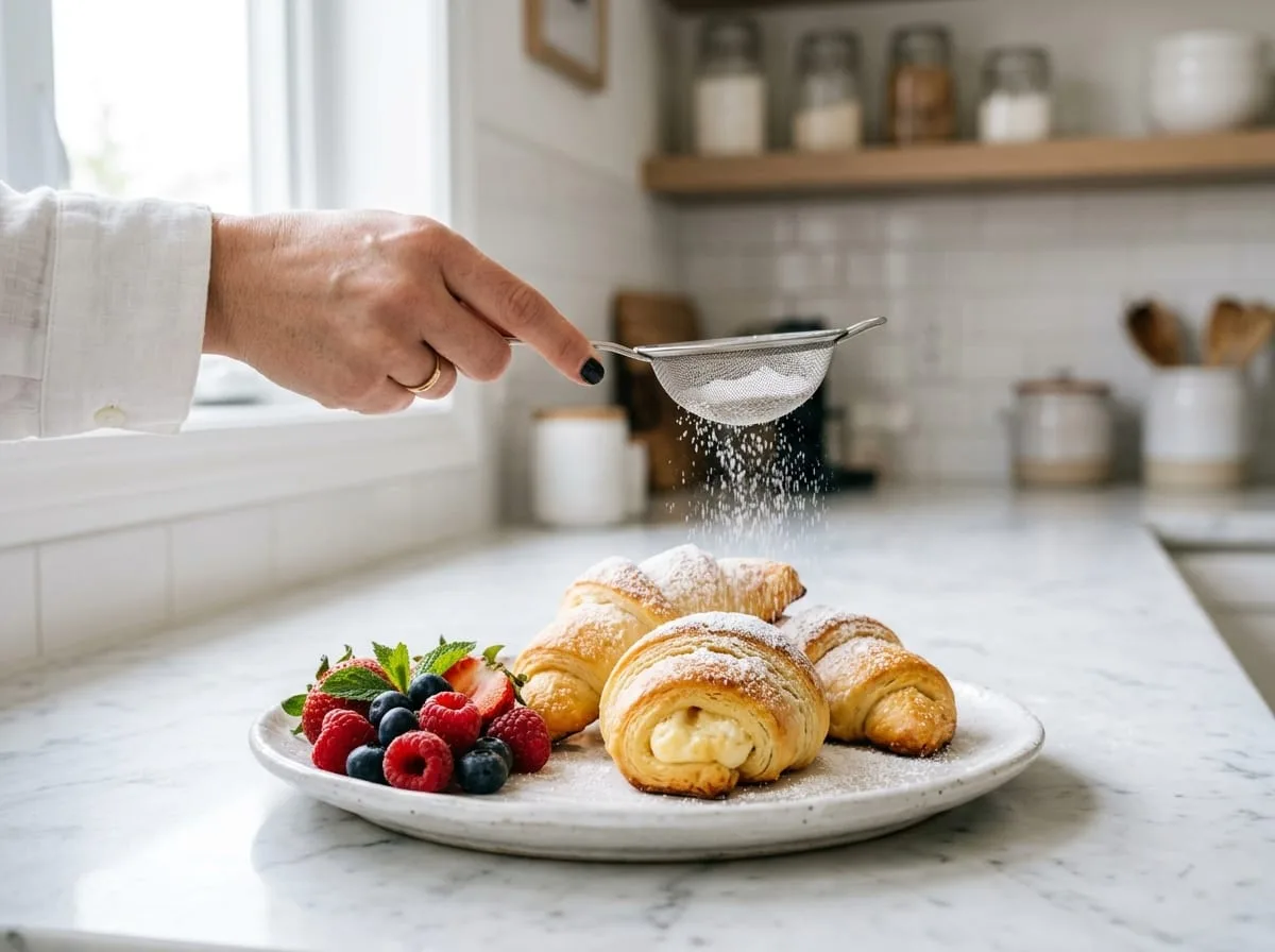 Dusting powdered sugar over crescent rolls