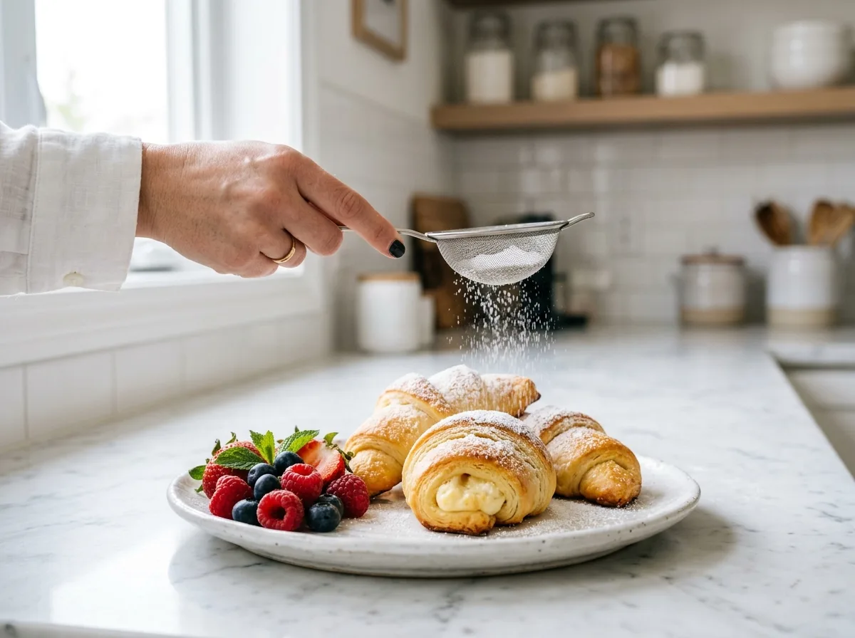 Dusting powdered sugar over crescent rolls