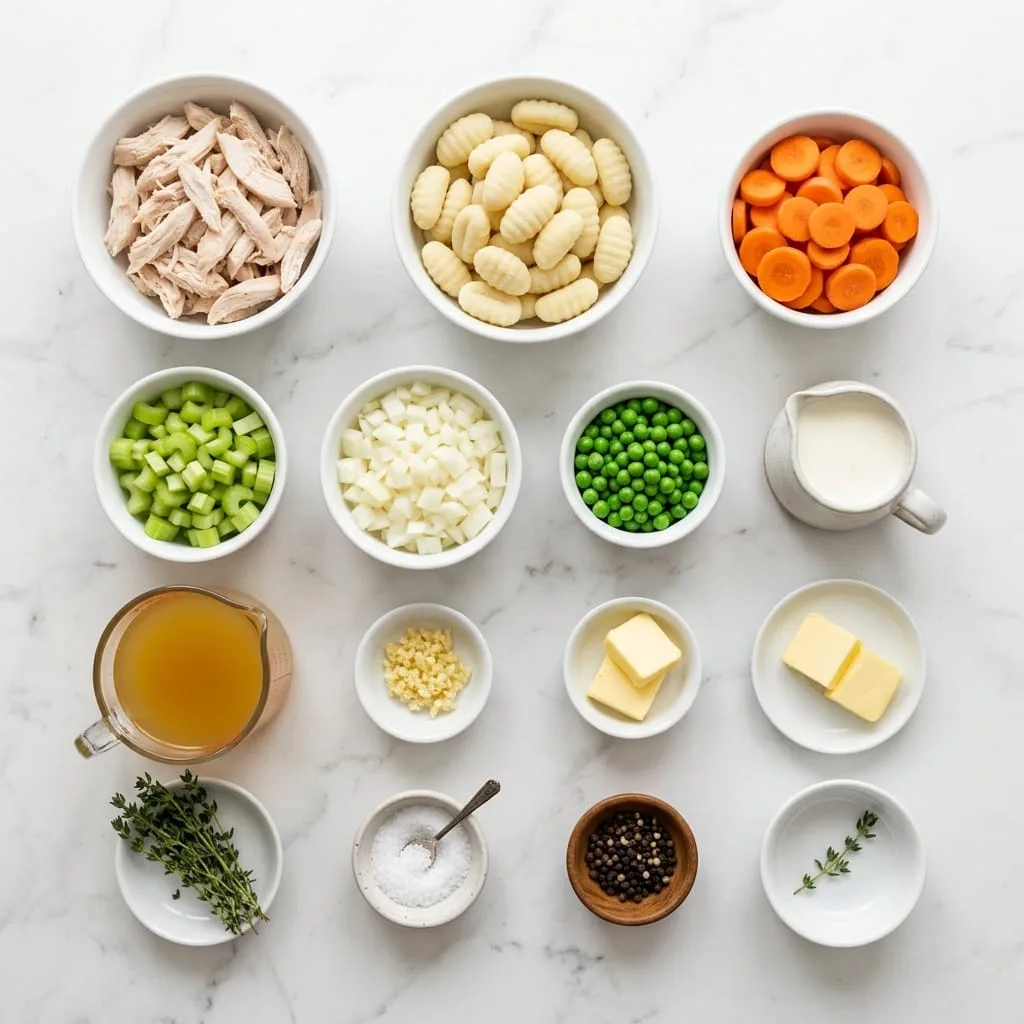 Creamy chicken and gnocchi soup ingredients laid out on white marble countertop