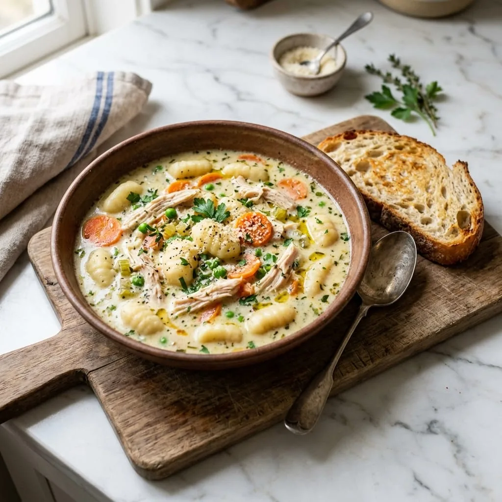 Creamy Chicken and Gnocchi Soup served in rustic bowl with crusty bread