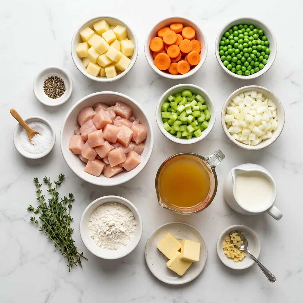 Creamy chicken stew ingredients laid out on white marble countertop