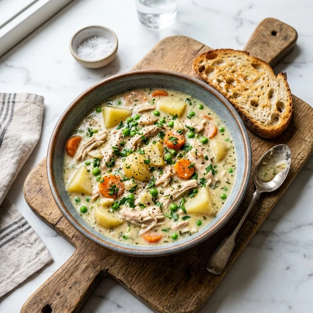 Comforting Creamy Chicken Stew served in bowl with toasted sourdough bread
