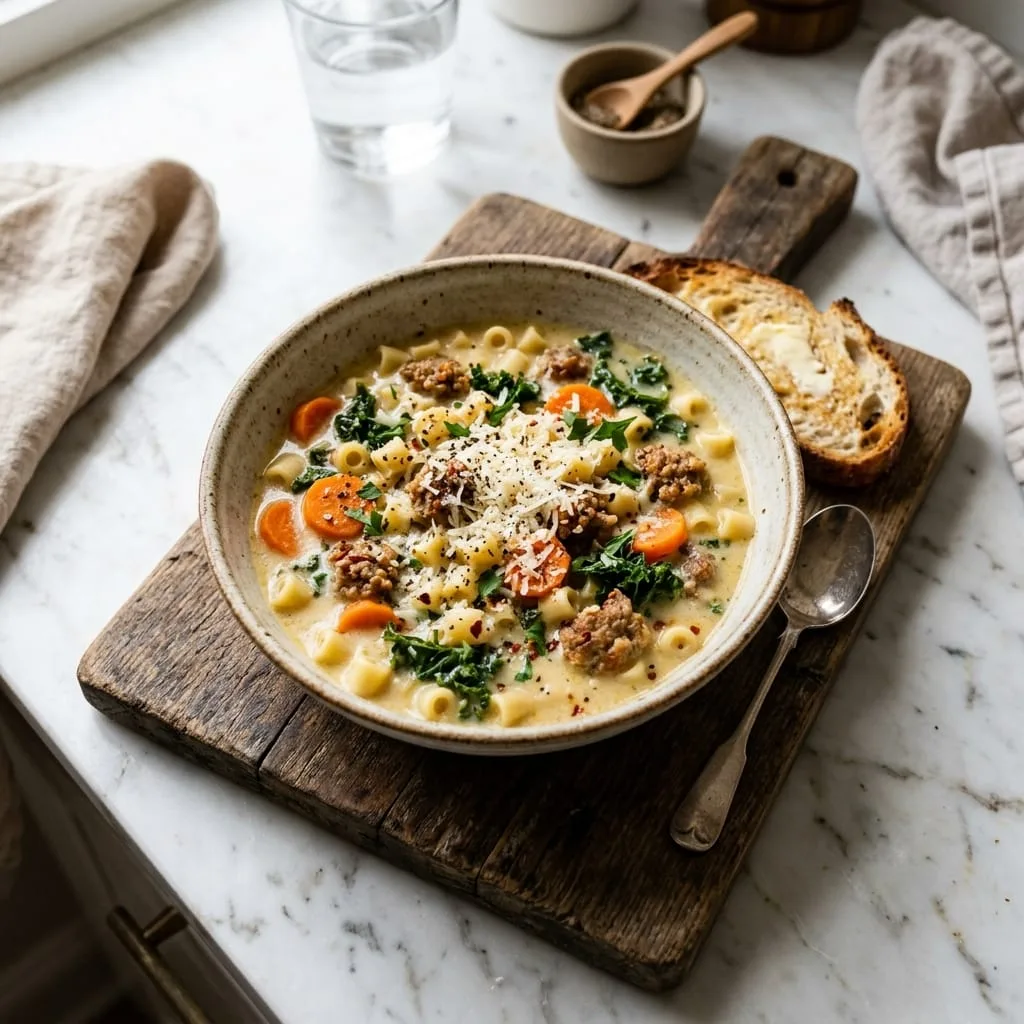 Creamy Parmesan Italian Sausage Ditalini Soup served in bowl with crusty bread