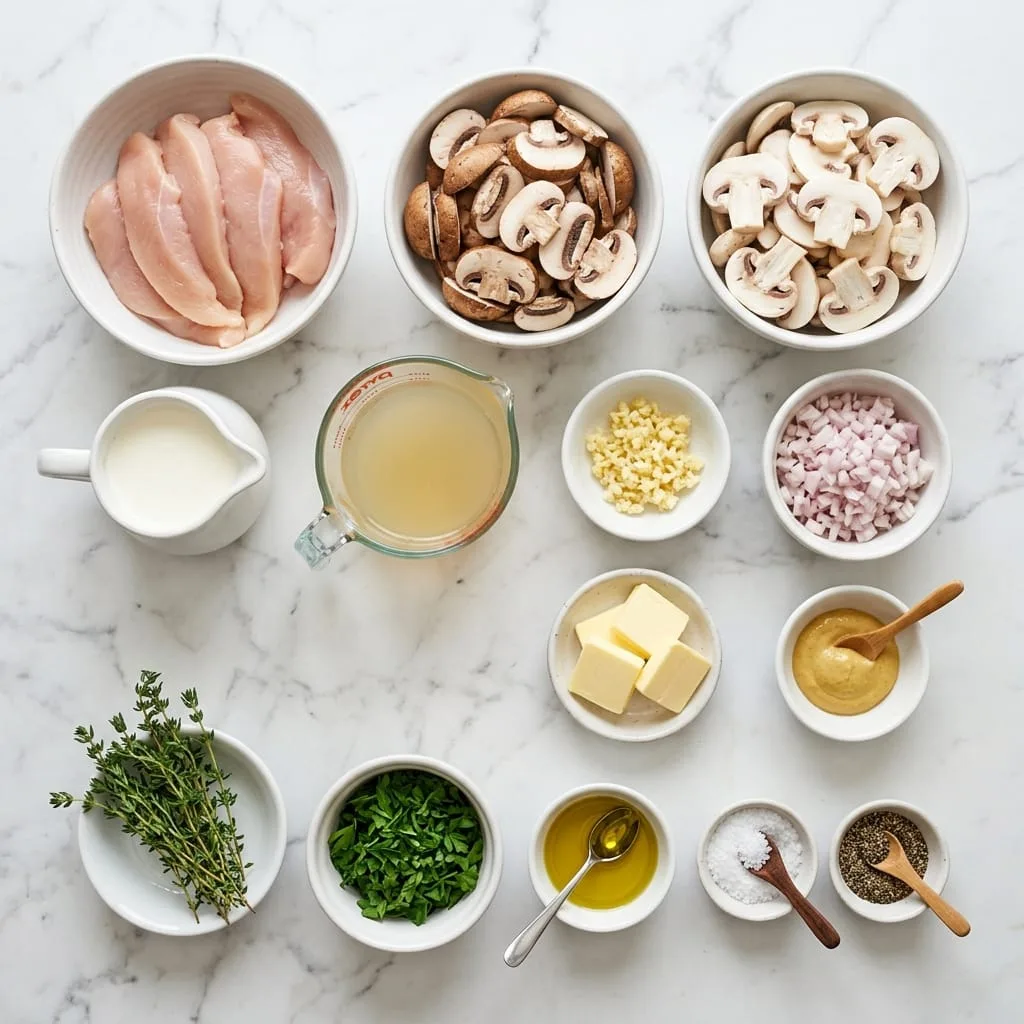Creamy mushroom chicken ingredients laid out on white marble countertop